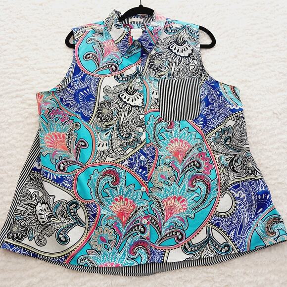 Chicos Tops - Blouse Size XL Pink Teal Stripe Resort Paisley Artcore Flamboyant Psychedelic
